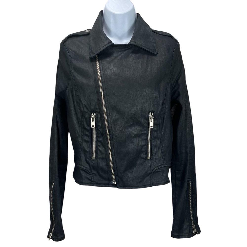 True Religion Women’s‎ Medium Cropped Moto Jacket Black Coated Biker Zip